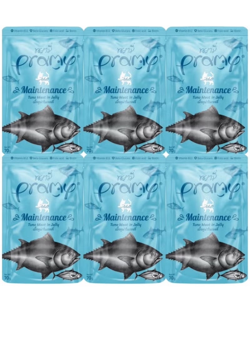 Pramy Jelly Tuna Moisturized Cat Food for All Ages - 6 70g Envelopes - Rich in Biotin, Folic Acid and Vitamin B12 to Support Skin and Fur Health and Overall Health - Image 1